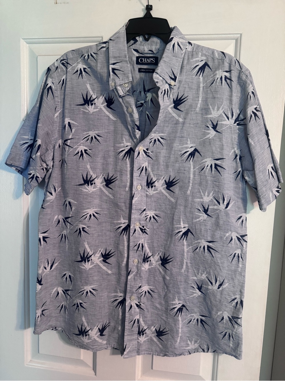Chaps Light Blue Short-Sleeve Button-Down with Navy & White Palm Motif